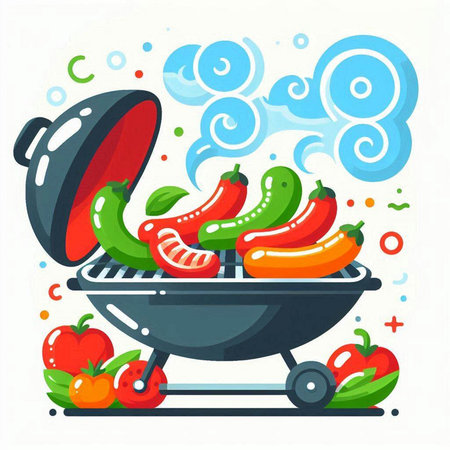 Barbecue grill with hot chili peppers and tomatoes. Vector illustration.のイラスト素材