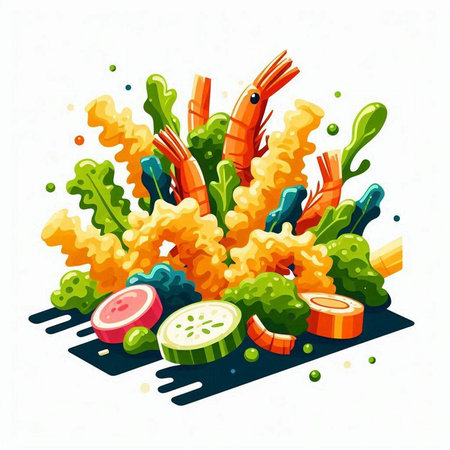 Illustration of shrimp with vegetables. Vector illustration of seafood on white background.のイラスト素材