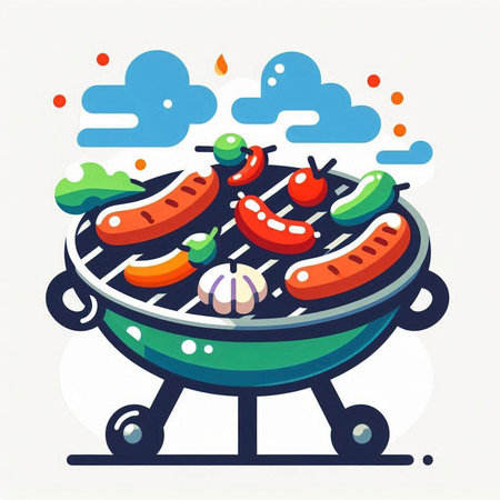Barbecue grill with sausages and vegetables, vector illustration.のイラスト素材