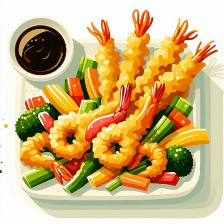Illustration of Shrimp Tempura with Soy Sauce and Vegetablesのイラスト素材