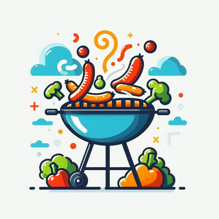 Barbecue grill with sausages and vegetables. Vector illustration.のイラスト素材