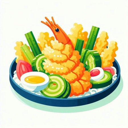 Illustration of Shrimp Tempura with Vegetables and Seafoodのイラスト素材