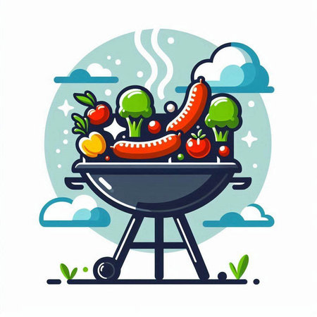 Barbecue grill with vegetables. Vector illustration in flat cartoon style.のイラスト素材