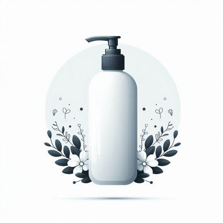 Cosmetic bottle with floral elements on white background. Vector illustration.のイラスト素材