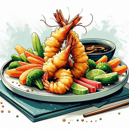Illustration of Tempura Shrimps with Vegetables and Sauceのイラスト素材