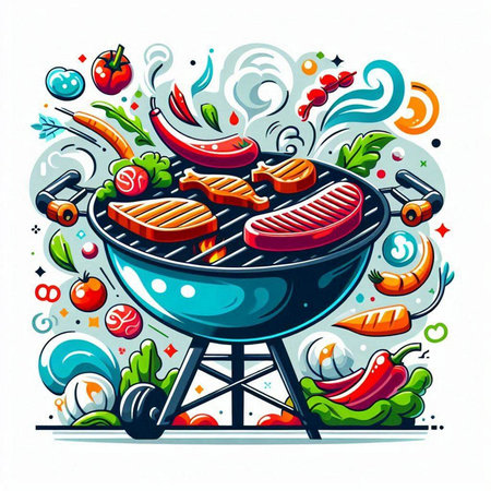 Barbecue grill with meat and vegetables. Vector illustration in cartoon styleのイラスト素材