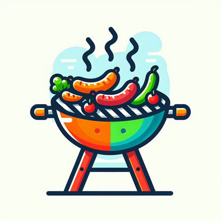 Barbecue grill with sausages and vegetables. Vector illustration.のイラスト素材