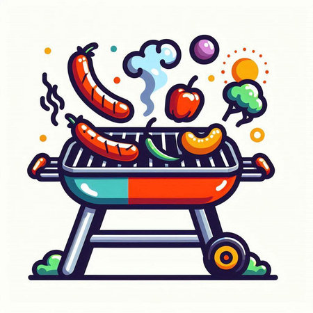 Barbecue grill with grilled sausages and vegetables. Vector illustration.のイラスト素材