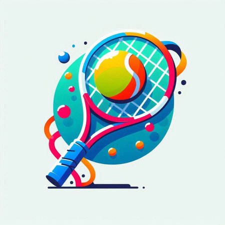 Tennis racket and ball. Colorful vector illustration in cartoon style.のイラスト素材