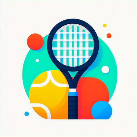 Tennis racket and ball on colorful abstract background. Vector illustration.のイラスト素材