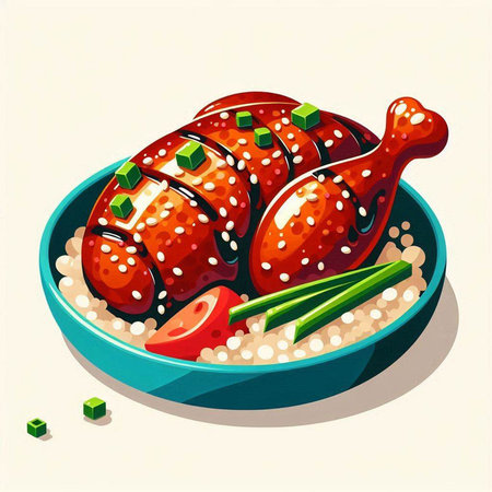 Illustration of fried chicken with rice and vegetables in a bowl.のイラスト素材