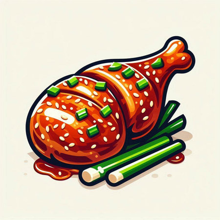 Illustration of a fried chicken leg with green onions and sauce.のイラスト素材
