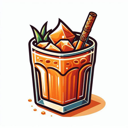 Cocktail with ice cubes and straw in glass. Vector illustration.のイラスト素材