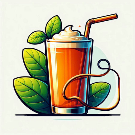 Vector illustration of a glass of coffee with whipped cream and green leavesのイラスト素材