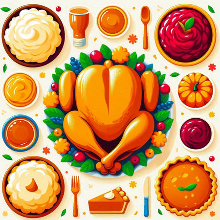 Thanksgiving dinner table with turkey, pumpkin, pie, cupcakes and berries. Vector illustration.のイラスト素材