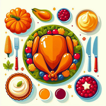 Thanksgiving day dinner with roasted turkey, pumpkins, cranberries, pie, berries and pumpkin. Vector illustration.のイラスト素材