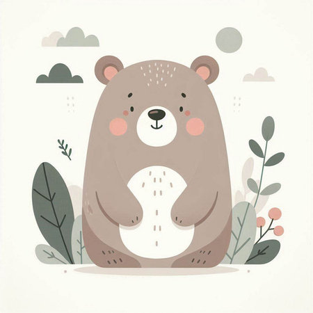 Cute hand drawn vector illustration of a cute little bear in a forestのイラスト素材