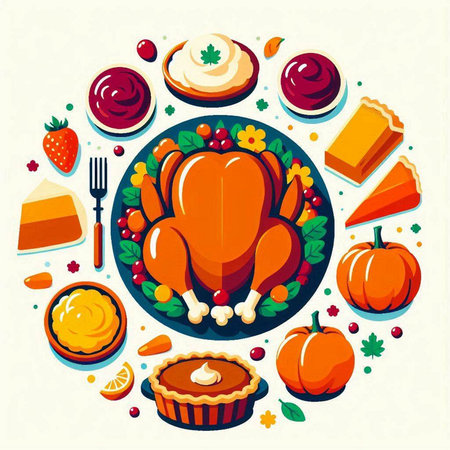 Thanksgiving day round composition with turkey, pie, pumpkins, candies and berries vector illustrationのイラスト素材