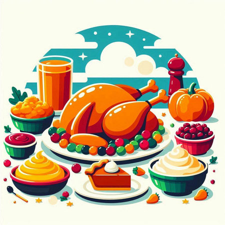 Thanksgiving day dinner with turkey and pumpkin pie. Vector illustration.のイラスト素材