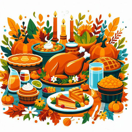 Thanksgiving dinner with turkey, pumpkin pie, pie, cake, candies, candles, autumn leaves. Vector illustrationのイラスト素材