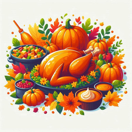 Thanksgiving day background with pumpkins and autumn leaves. Vector illustration.のイラスト素材