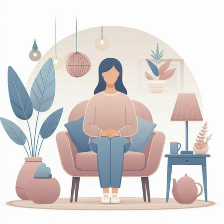 Woman sitting in armchair in living room. Flat vector illustration.のイラスト素材