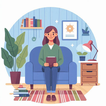 Young woman reading a book at home. Vector illustration in flat styleのイラスト素材