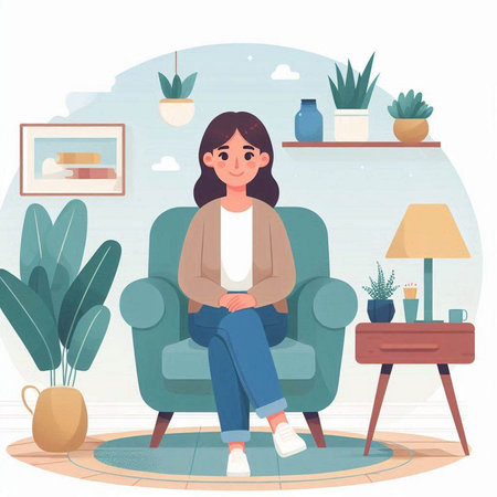 Young woman sitting in armchair at home. Flat style vector illustration.のイラスト素材