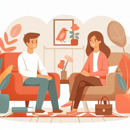 Couple in love sitting on the sofa and chatting. Vector illustrationのイラスト素材