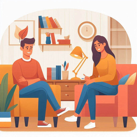 Man and woman sitting on sofa in living room. Couple spending time together. Man and woman relaxing at home. Vector illustrationのイラスト素材
