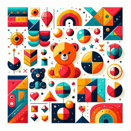 Abstract geometric background with bear and colorful shapes. Flat style vector illustration.のイラスト素材