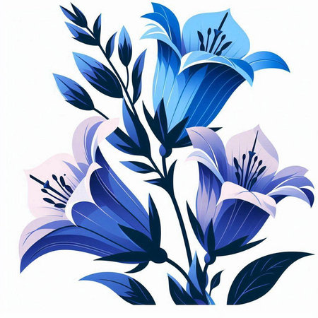 Illustration of blue lily flowers with leaves on a white backgroundのイラスト素材