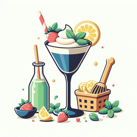 Cocktail with fruits and ice cream. Vector illustration in flat style.のイラスト素材