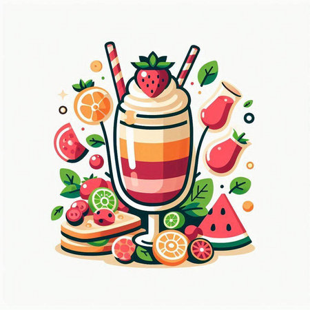 Strawberry smoothie with fruits and berries. Vector illustration.のイラスト素材