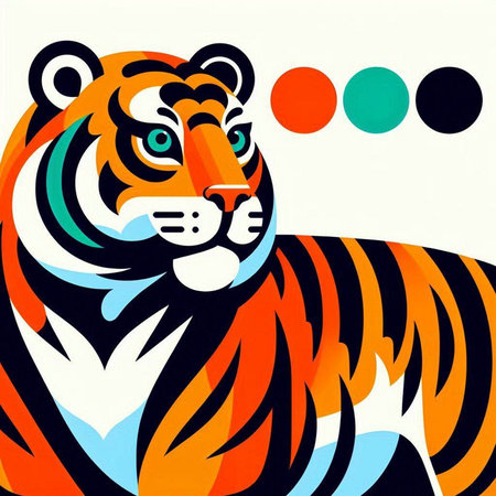 Tiger portrait with colored circles and dots on a white background.のイラスト素材