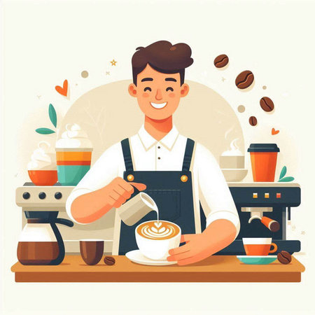 Coffee barista making cappuccino. Vector illustrationのイラスト素材