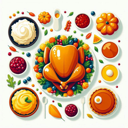 Thanksgiving dinner set with roasted turkey, pumpkin, cranberry, apple pie, mashed potatoes and berries on white background vector illustrationのイラスト素材