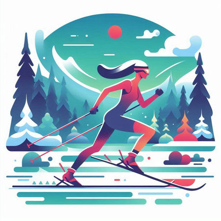Cross-country skiing in the mountains. Vector illustration in flat styleのイラスト素材