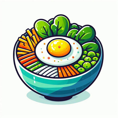 Vegetable salad in bowl with fried egg. Vector illustration.のイラスト素材
