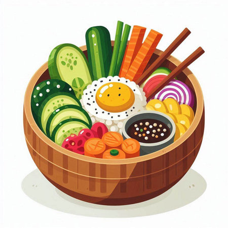 Bowl of fresh vegetable salad with fried egg. Vector illustration.のイラスト素材