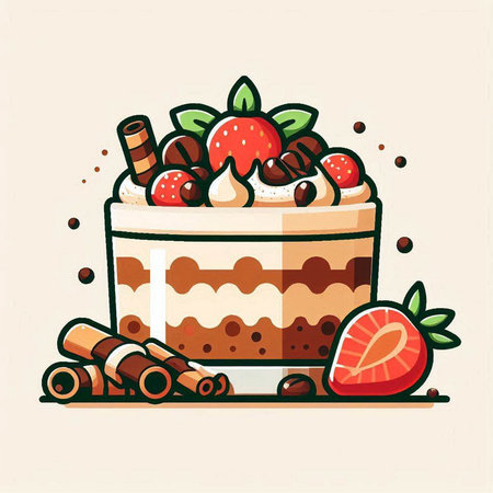 Cake with strawberries, chocolate and whipped cream. Vector illustration.のイラスト素材