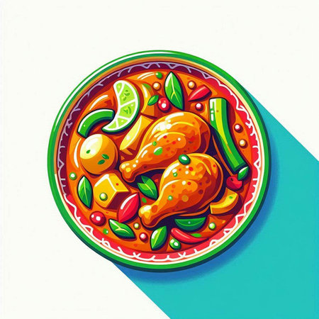 Vector illustration of a plate of indian chicken curry with chilli and limeのイラスト素材