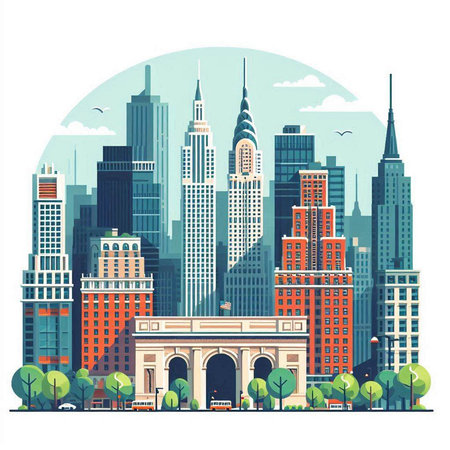 Cityscape with famous buildings. Vector illustration in flat design style.のイラスト素材