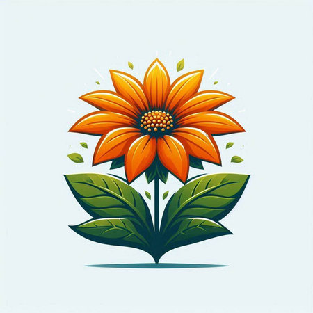 Illustration of a beautiful orange flower with green leaves on a blue backgroundのイラスト素材