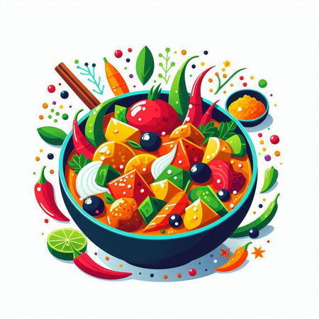 Salad in a bowl with fruits, vegetables and spices. Vector illustration.のイラスト素材