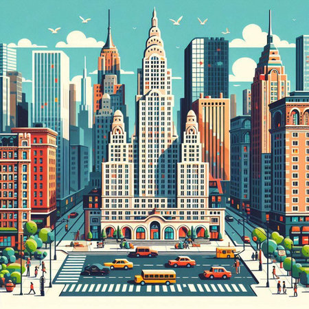 New York City street with skyscrapers and cars, vector illustrationのイラスト素材