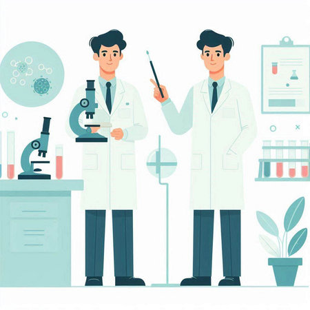 Scientist and scientist working in laboratory. Vector illustration in flat styleのイラスト素材