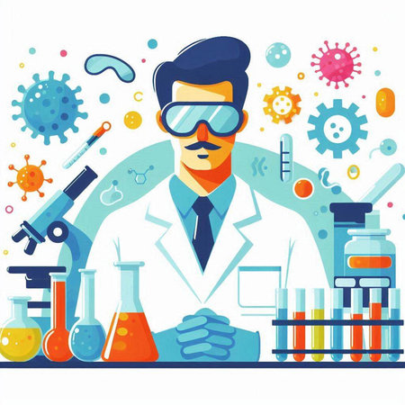 Vector illustration of a scientist working in a laboratory. Flat style design.のイラスト素材