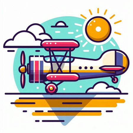 Retro biplane in the sky. Vector illustration in flat styleのイラスト素材