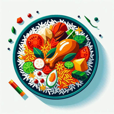 Vector illustration of chicken leg with rice and vegetables. Top view.のイラスト素材